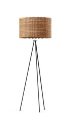 Metal tripod floor lamp with wicker shade isolated on transparent background. Clipping path included. 3D render.