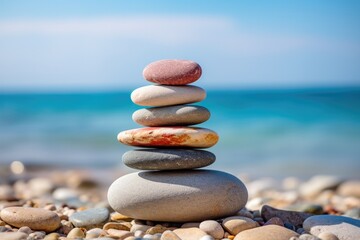 Balanced Zen stones stacked in harmony on a peaceful beach, mindfulness and balance