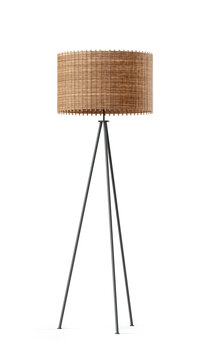 Metal tripod floor lamp with wicker shade isolated on transparent background. Clipping path included. 3D render.