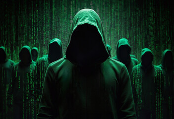 Faceless hackers in a hoodie with persons standing behind the team leader to symbolize the anonymity of individuals seeking identity verification by a cascade of green binary code.