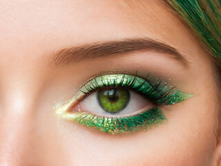 Obraz premium Close up of beautiful green woman's eye with green makeup and long eyelashes.