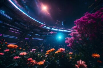 A celestial garden where a vibrant flower thrives, surrounded by the beauty of interstellar space and spacecraft.