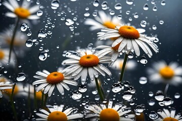 Raindrops glistening on daisy petals during a summer shower.
