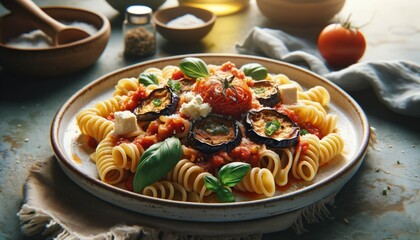 Photographic image of Pasta alla Norma, a Sicilian dish, presented with pasta, tomato sauce, fried eggplant, ricotta salata, and basil
 - obrazy, fototapety, plakaty