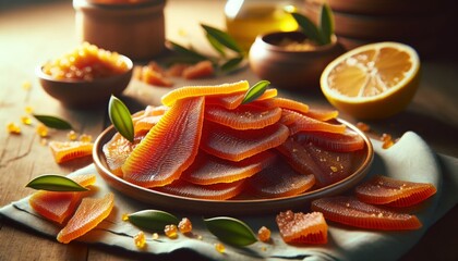 Photographic image of Bottarga di Muggine, a Sardinian delicacy, presented with thinly sliced bottarga, olive oil, and lemon, highlighting its amber color and texture
 - obrazy, fototapety, plakaty