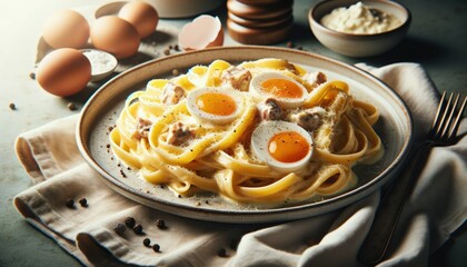 Photographic image of Pasta alla Carbonara, a Roman dish from Lazio, presented on a plate with creamy egg and pecorino sauce, guanciale, and black pepper
