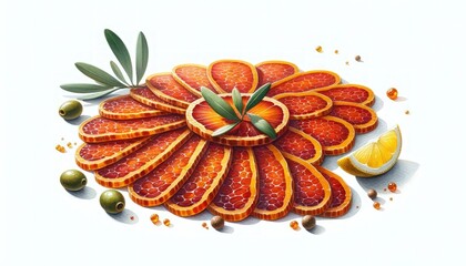 Horizontal watercolor painting of Bottarga di Muggine, Sardinian delicacy, depicted with thinly sliced bottarga, olive oil, and lemon, on a white background
 - obrazy, fototapety, plakaty
