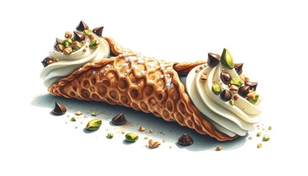 Horizontal watercolor painting of Cannoli, a Sicilian dessert, depicting fried pastry shells with sweet ricotta, pistachios, and chocolate, on a white background
