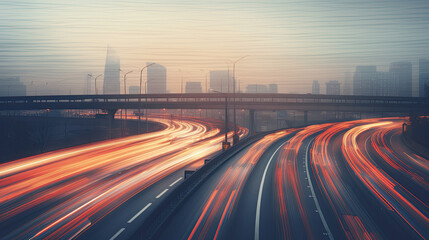 Traffic on highway at night. Blurred car lights. Long exposure photography