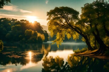 The enchanting harmony of a tranquil lake, leafy trees, and the sun bidding farewell in the evening sky