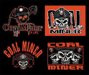 collection of four coal miner mascot skull designs for stickers or tees