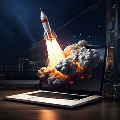 A realistic rendering of a rocket launching from a laptop, with intricate details on the laptop's keyboard and the rocket's engines firing up, Created by Generative AI