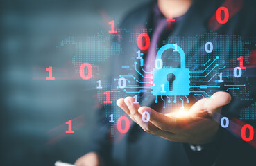 Cybersecurity and privacy concepts to protect data. Lock icon and internet network security technology. Businessman protecting personal data on internet, virtual screen interfaces. cyber security.