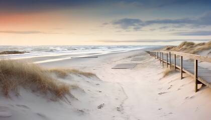 Beach with sand and dry grass. sunset of the beach. sea sand beach evening. - obrazy, fototapety, plakaty