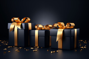 3D Render Navy Blue gift boxes with golden ribbon