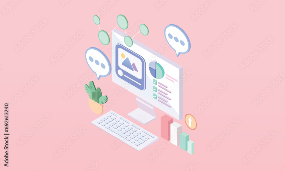 Poster 3d seo optimization, web analytics and seo marketing cncept.on pastel background.3d handmade.3d vect
