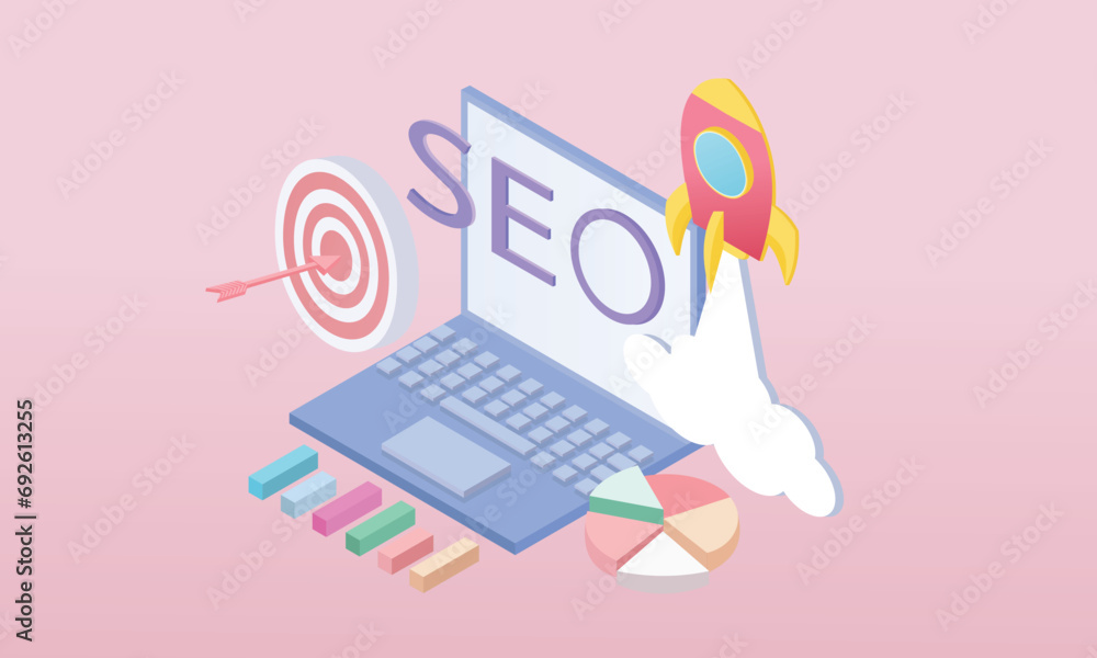 Poster 3d seo optimization with rocket for marketing social media concept. interface for web analytics stra