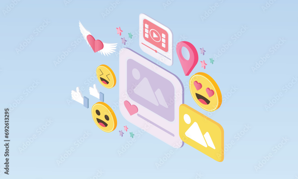 Poster 3d blank social network post surrounded with floating elements.on pastel background.3d handmade.3d v