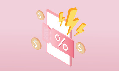3d thunder bolt icon with coupon for sale and shopping online, discount coupon in mobile phone. flash lightning on alert notice special offer promotion.3d handmade.3d goal for business, bank, finance