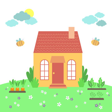 Cute house, welcome spring card with garden, flowers, bees, clouds and sun. Hand drawn flat cartoon elements. Vector illustration isolated on white.