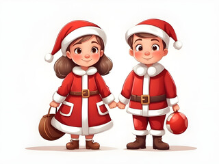 Woman and man couple wearing Santa Claus costumes, isolated cartoon style with white background