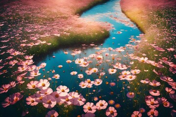 A bird's-eye view of a cosmos flower field intersected by a meandering stream, reflecting the azure spring sky, while the sun casts a kaleidoscope of light on the water and flowers, 