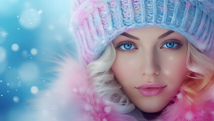 Portrait of a beautiful young girl in a knitted winter hat with snowfall and snowflakes in the background. Concept of fashion, winter, beauty.