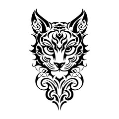 Obraz premium Cute tribal tattoo features a stylized image of a head cat with bold, black lines and intricate patterns.