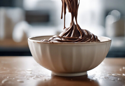 Delizia Cioccolatosa- Crema al Cioccolato che Scorre dal Frullino nella Ciotola, Primo Piano