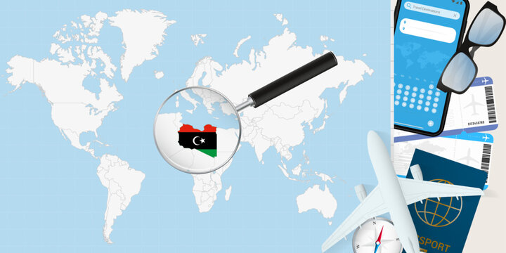 Libya is magnified over a World Map, illustration with airplane, passport, boarding pass, compass and eyeglasses.