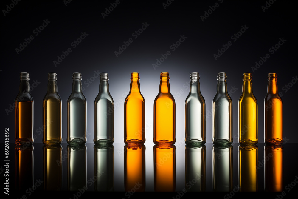 Aufkleber bottle and glass. empty multicolored bottles standing on the table on a black background. isolated p