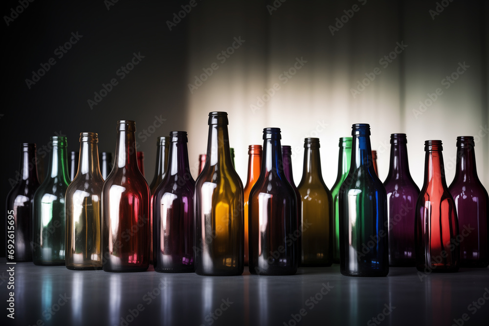 Aufkleber bottle and glass. empty multicolored bottles standing on the table on a black background. isolated p