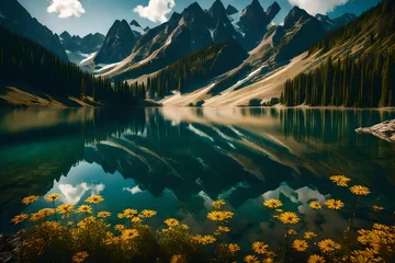 Papier Peint photo autocollant Réflexion A peaceful mountain lake reflecting the grandeur of nature's canvas
