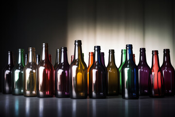 bottle and glass. Empty multicolored bottles standing on the table on a black background. Isolated Photo. Glass bottle for alcoholic and non-alcoholic beverages