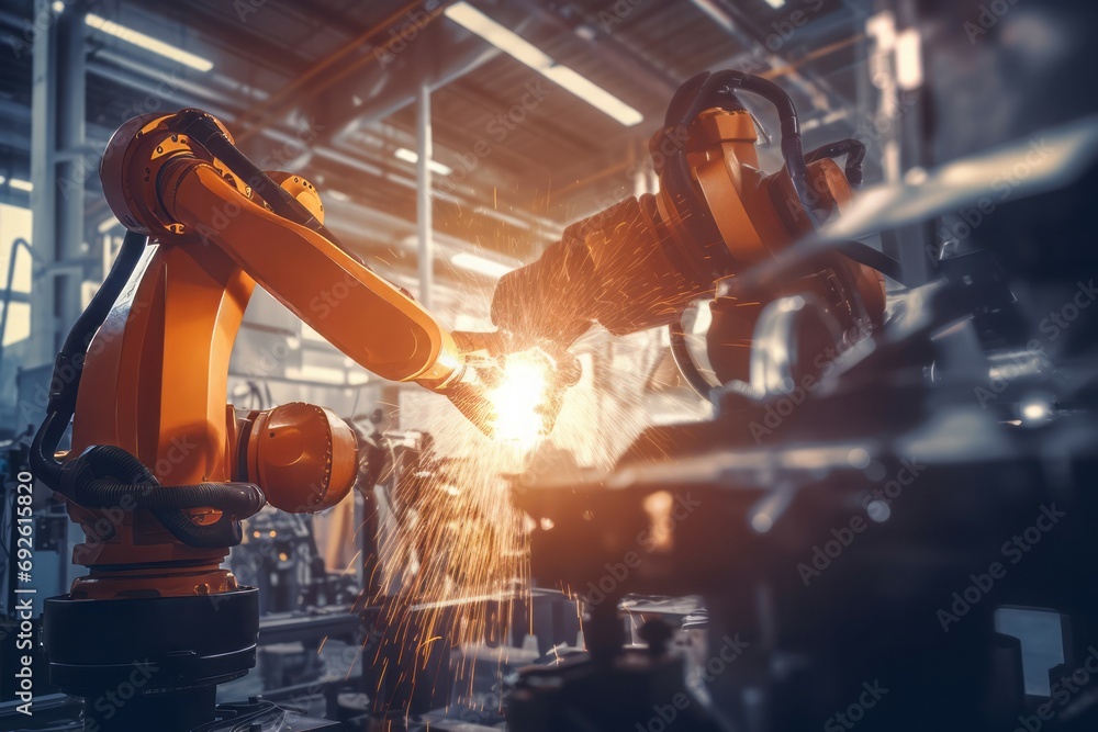 Poster factory engineer robotics automatic. automated industrial artificial intelligence robot arm. generat