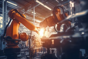 Factory engineer robotics automatic. Automated industrial artificial intelligence robot arm. Generate ai