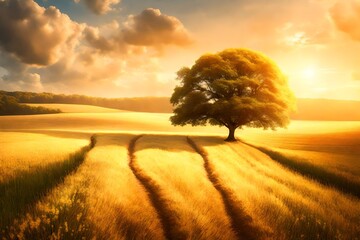 A picturesque countryside scene featuring a sunlit tree in the middle of a lush, golden field.