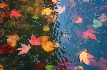 Fototapeta na wymiar Fall leaves in pond. Colorful autumn tree leaves in lake pure water. Generate ai