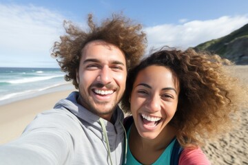 Obraz premium Waves of Happiness: Close-Up of a Frontal Image Capturing a Young Couple's Beach Enjoyment
