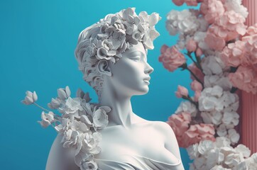 Female sculpture spring flowers. White mythology architecture statue with blossom garden flora. Generate ai