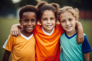 Few diverse child soccer players. Multiracial kids football training team. Generate ai