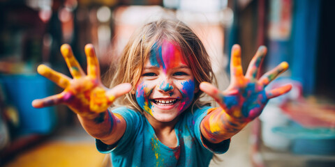 Joyful little girl with paint-covered hands in vibrant colors, smiling broadly, with a background of creative mess.