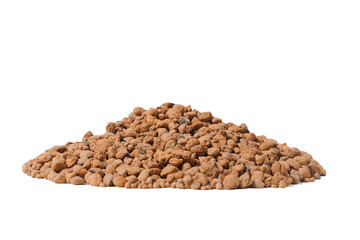 Pile of Closeup Heat expanded clay pebbles used construction materials on white isolated background