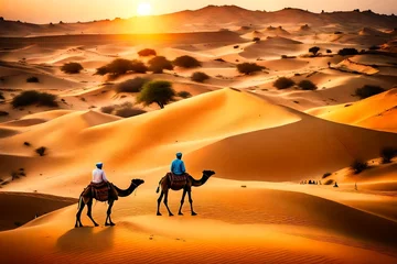 Fotobehang camels in the desert © AI artistic beauty