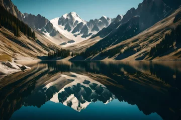 Deurstickers The mirror-like surface of a secluded mountain lake mirroring a grand summit © Nazia