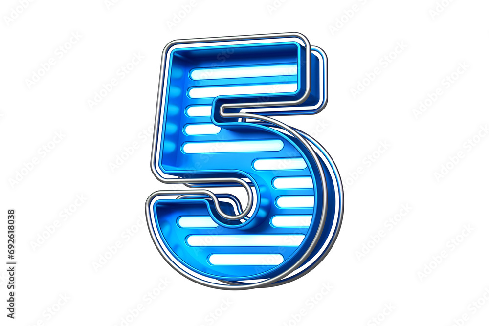 Poster modern chrome and blue font digit 3d number 5. flashing lettering for the creation of titles, ad hea