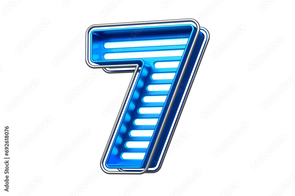 Poster shining metallic neon font digit number 7. nice typeface for the creation of titles, ad headers and 