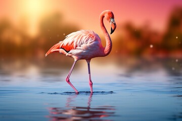 Elegant Flamingo Wading in Shallow Water