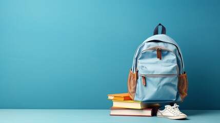 A full-school backpack with books isolated on a blue background with copy space. Back-to-School concept - obrazy, fototapety, plakaty