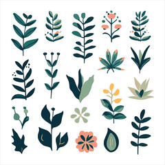 beautiful reimagined risograph set of plant symbols with botanical elements. isolated on a white background. 